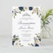 Blue en Silver Tiara Floral Elegant Quinceañera Kaart (Staand voorkant)