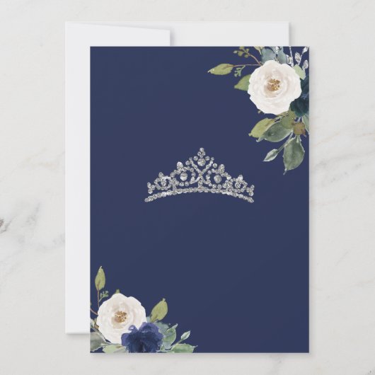 Blue en Silver Tiara Floral Elegant Quinceañera Kaart (Achterkant)