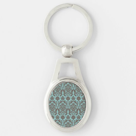 Blue en Umber Elegant Damask Pattern Sleutelhanger (Voorkant)