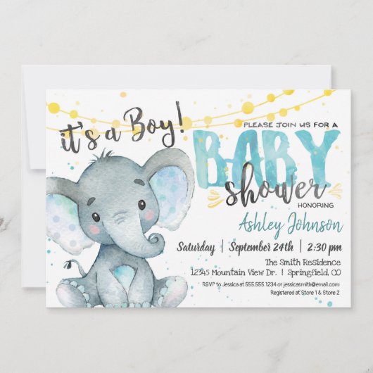Blue en Yellow Boy Elephan Baby shower Uitnodiging (Voorkant)