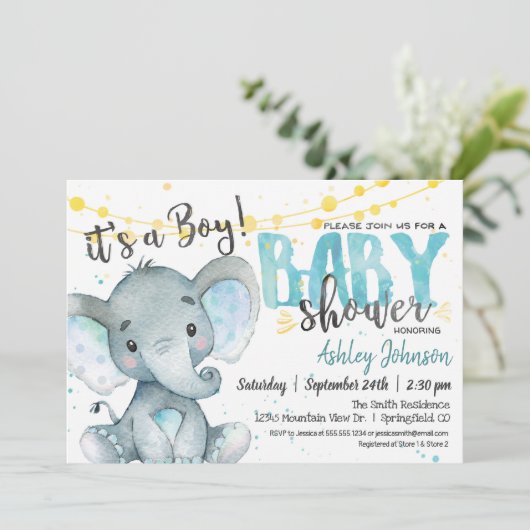 Blue en Yellow Boy Elephan Baby shower Uitnodiging (Staand voorkant)
