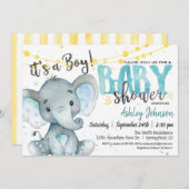 Blue en Yellow Boy Elephan Baby shower Uitnodiging (Voorkant / Achterkant)