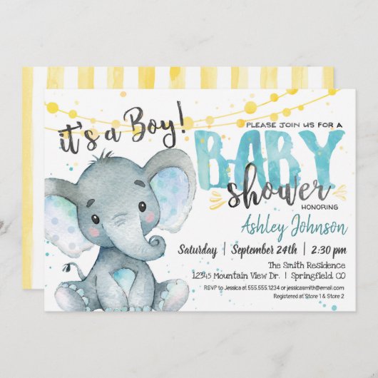 Blue en Yellow Boy Elephan Baby shower Uitnodiging (Voorkant / Achterkant)
