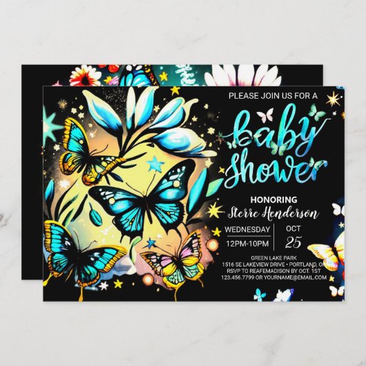 Blue Enchanted Butterfly Digital Boy Baby shower Kaart (Voorkant / Achterkant)