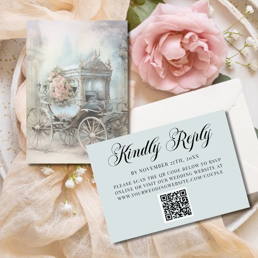 Blue Enchanted Carriage Fairytale Wedding QR Code RSVP Kaartje