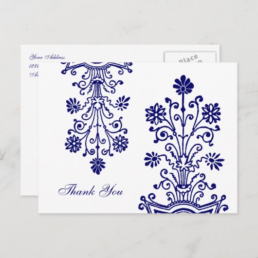 Blue Etched Floral Custom Bedankt Briefkaarten (Voorkant / Achterkant)