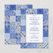 Blue Etnische Boho Mediterrane Tegels bruiloft Kaart (Voorkant / Achterkant)