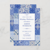 Blue Etnische Boho Mediterrane Tegels Verjaardag Kaart (Voorkant / Achterkant)