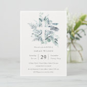 Blue Eucalyptus Fern Foliage Cross Baptisme Invite Bedankkaart (Staand voorkant)