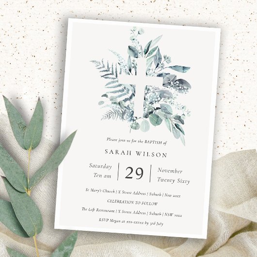 Blue Eucalyptus Fern Foliage Cross Baptisme Invite Kaart