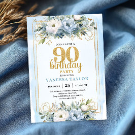 Blue Eucalyptus Gold Accent 90th Birthday Invite Kaart