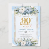 Blue Eucalyptus Gold Accent 90th Birthday Invite Kaart (Voorkant)