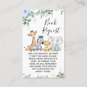 Blue Eucalyptus Safari Baby shower Book Request Visitekaartje
