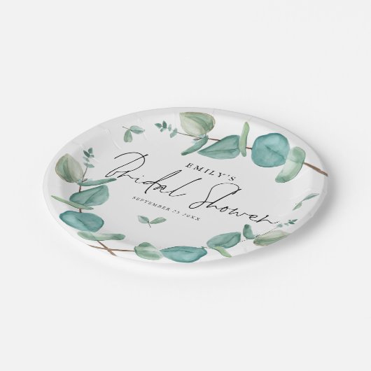 Blue Eucalyptus Script Naam Datum Vrijgezellenfees Papieren Bordje (Gekanteld)