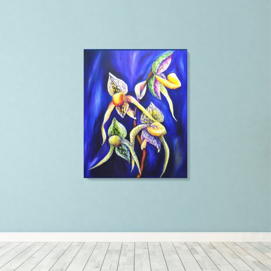 Blue Exotic Tropical Orchids Lady Slipper Canvas Afdruk (Insitu (Houten vloer))