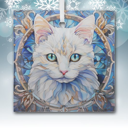 Blue Eye White Cat Stained Glas Ornament
