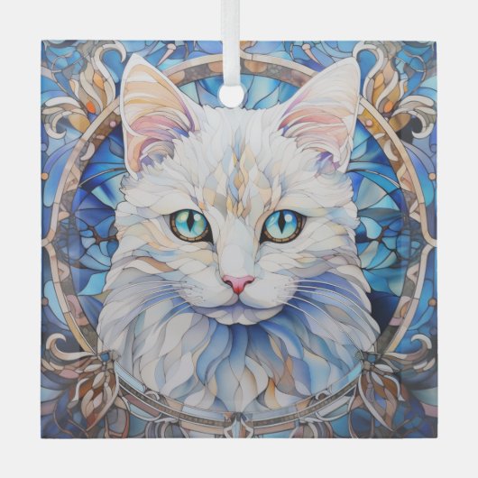 Blue Eye White Cat Stained Glas Ornament (Voorkant)