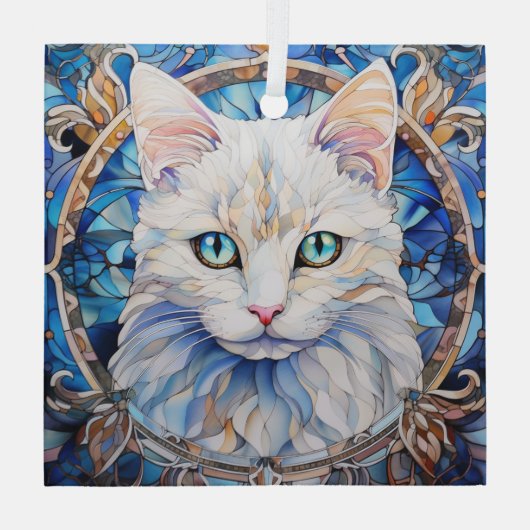Blue Eye White Cat Stained Glas Ornament (Achterkant)