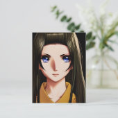 Blue Eyed Brunette Anime Meisje Cartoon Briefkaart (Staand voorkant)
