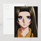 Blue Eyed Brunette Anime Meisje Cartoon Briefkaart (Voorkant / Achterkant)