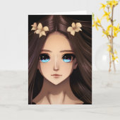 Blue Eyed Brunette Anime Meisje Verjaardag Kaart (Gele Bloem)