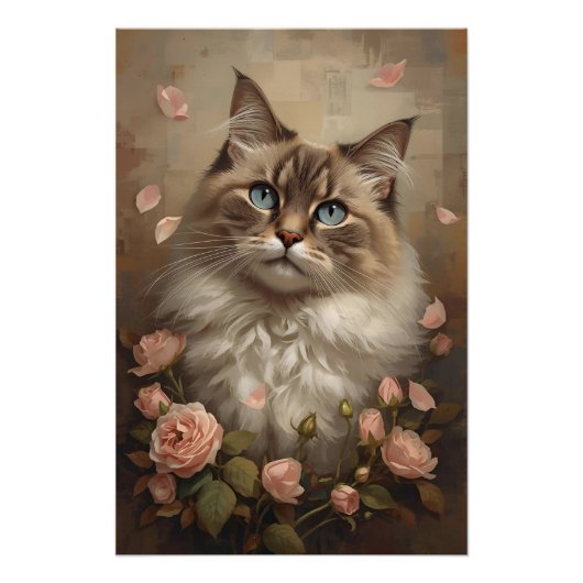Blue-Eyed Cat with Roses – Elegant Floral Poster (Voorkant)