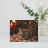 Blue-Eyed Christmas Cat Postcard Cozy Fireplace Briefkaart (Staand voorkant)