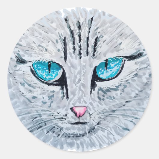 Blue Eyed Fluffy Cat Ronde Sticker (Voorkant)