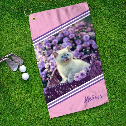 Blue Eyed Kitten Baby Cat In Flowers Gepersonalise Golfhanddoek