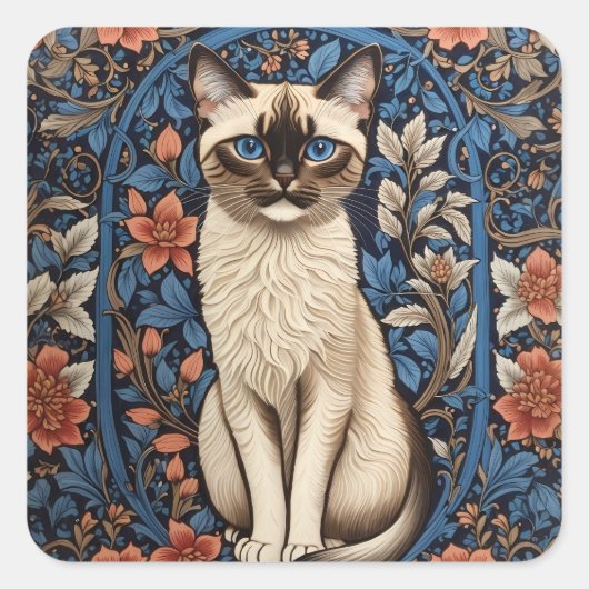 Blue Eyed Siamese kat William Morris geïnspireerd Vierkante Sticker (Voorkant)