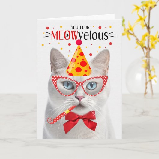 Blue Eyed White Kat MEOWvelous Verjaardag Kaart (Gele Bloem)