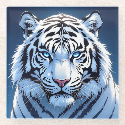Blue eyed White Tiger Ai Art Glazen Onderzetter (Voorkant)