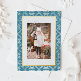 Blue Fair Isle Knit Patroon Foto van Kerstmis Folie Feestdagenkaart