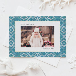 Blue Fair Isle Winter Knit Pattern Foto van Kerstm Folie Feestdagen Briefkaart