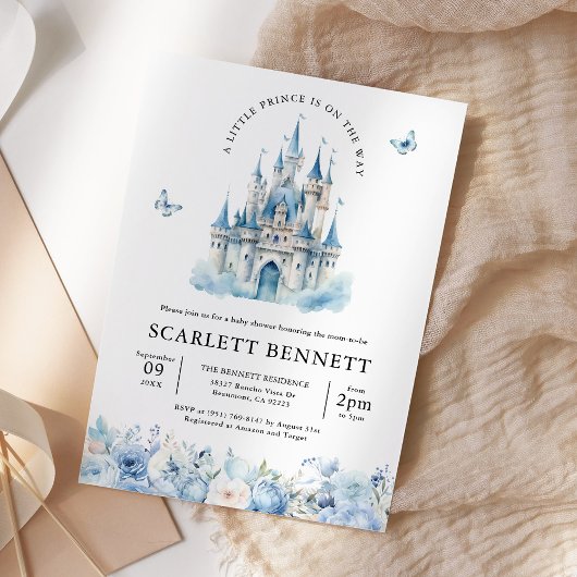 Blue Fairytale Castle Prince Floral Baby shower Kaart