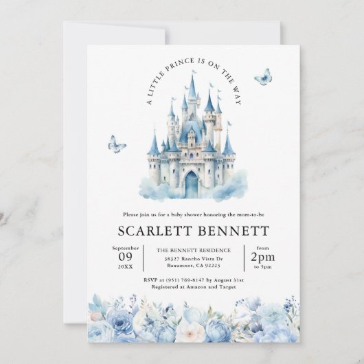 Blue Fairytale Castle Prince Floral Baby shower Kaart (Voorkant)