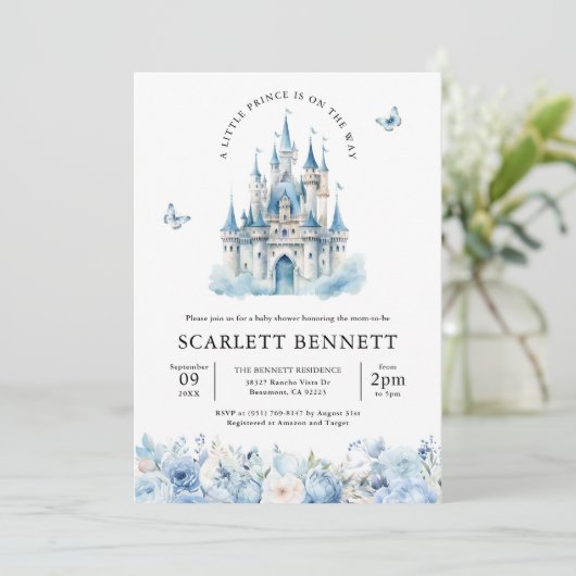 Blue Fairytale Castle Prince Floral Baby shower Kaart (Staand voorkant)