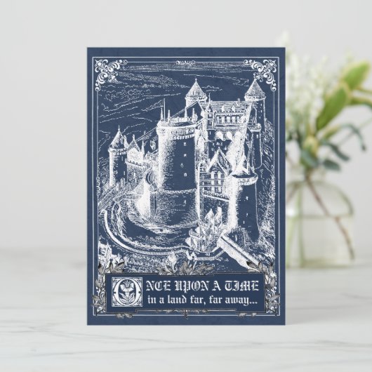 Blue Fairytale Storybook Wedding Invites Kaart (Staand voorkant)