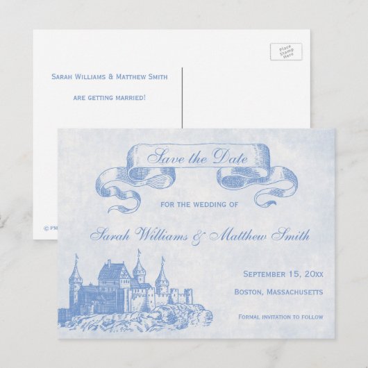 Blue Fairytale Wedding Save the Date Briefkaart (Voorkant / Achterkant)
