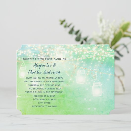 Blue Fairytale Woodsy Farmhouse Mason Jar Wedding Kaart (Staand voorkant)