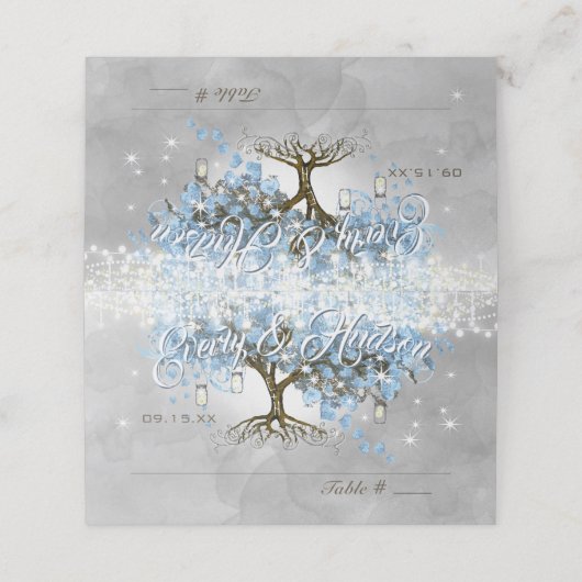 Blue Faiy Tale Wedding Mason Jar Heart Leaf Tree Plaatskaartje (Buitenkant ongevouwen)