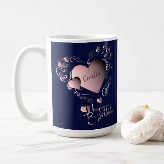 Blue&Fancy Roze 3D Harten, "Gelukkige Verjaardag" Koffiemok (Met donut)