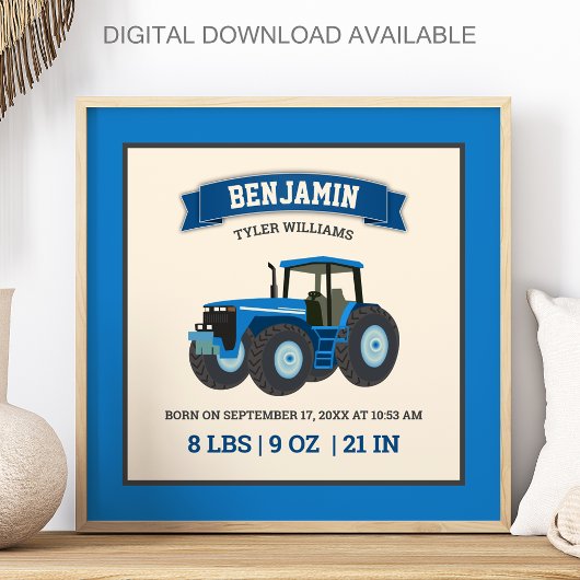Blue Farm Tractor Baby Birth Stats Poster