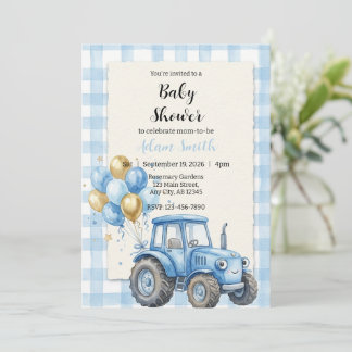 Blue Farm Tractor Boy Baby Shower Kaart