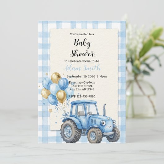 Blue Farm Tractor Boy Baby Shower Kaart (Staand voorkant)