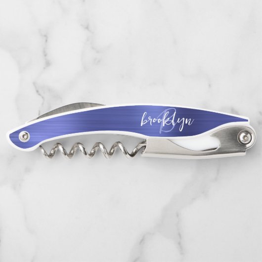 Blue Faux Brushed Metal Monogram Script Kurkentrekker (Achterkant)