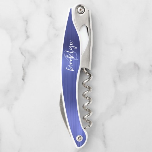 Blue Faux Brushed Metal Monogram Script Kurkentrekker (Achterkant)