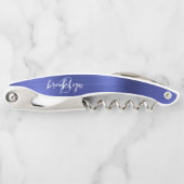 Blue Faux Brushed Metal Monogram Script Kurkentrekker (Voorkant)