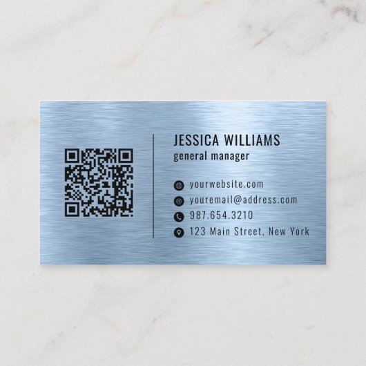 Blue Faux Brushed Metal Professional QR Code Visitekaartje (Achterkant)