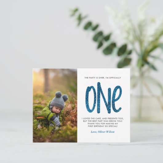 Blue Faux Glitter 1e verjaardag Dank u Briefkaart (Staand voorkant)